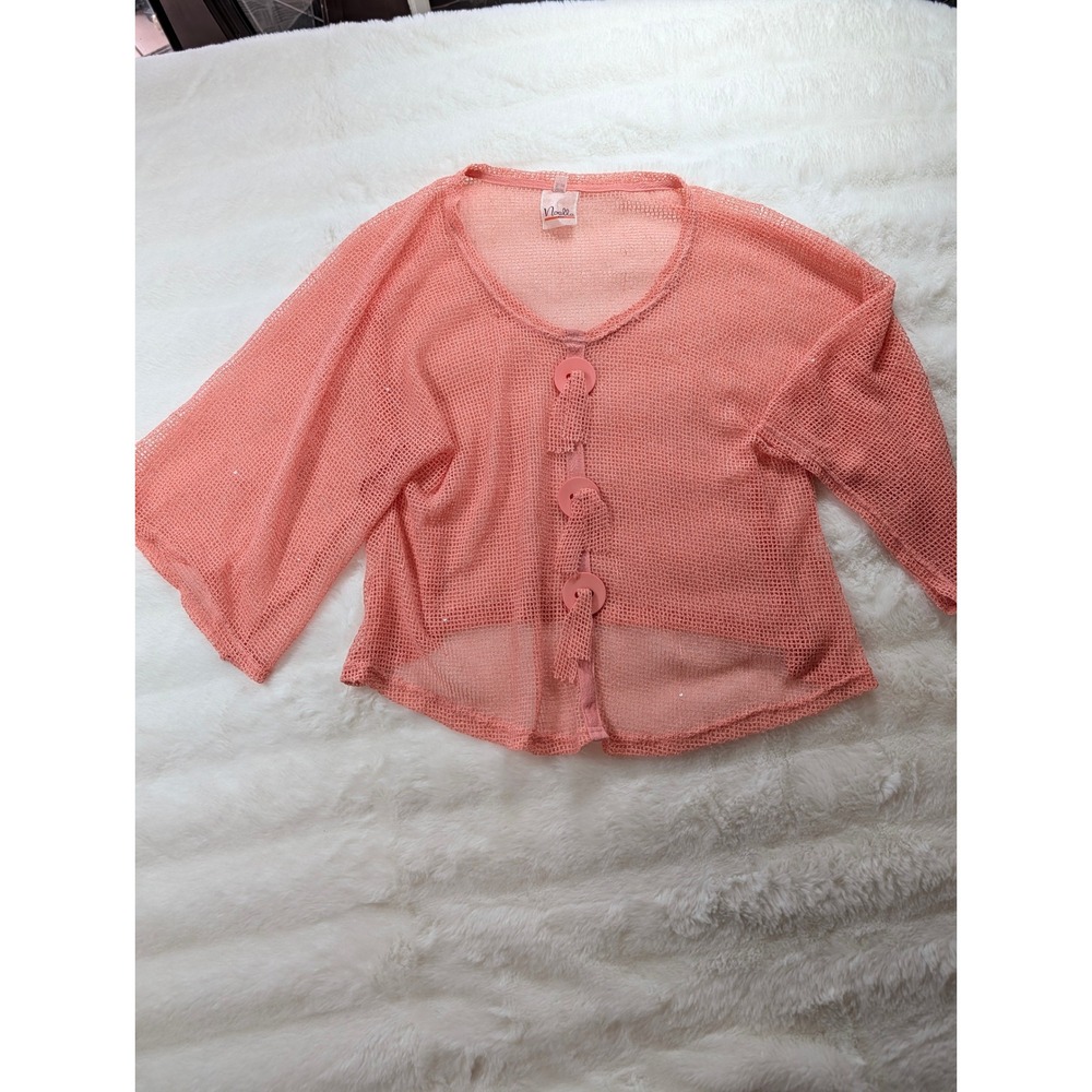 Noelle Coral Pink Mesh Sequin Cardigan Shrug One Size 3/4 Sleeve High Low Hem